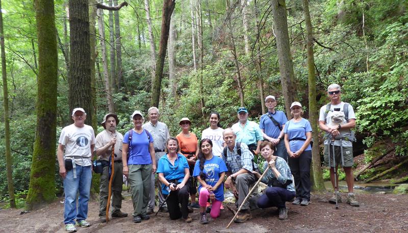The OFHC gang for today's hike (l-r) Tony Presley, Gary King, Linda Schultz, Dick Metzgar, Renee Corbett, Greta Driggers, Trushna Nadig, Radhika Nadig, Mike Bell, Vic Robson, Jenny Bell, Phil Brownrigg, Terre Pratt and Jim Driggers .