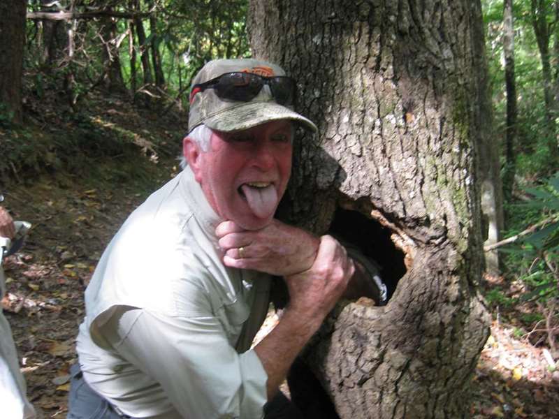 Having fun with an old hollow tree! Old folks having fun...