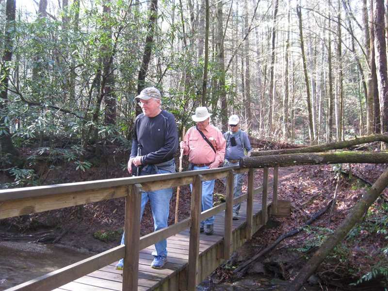 Crossing Martin Creek on the footbridge about a quarter mile below the falls.