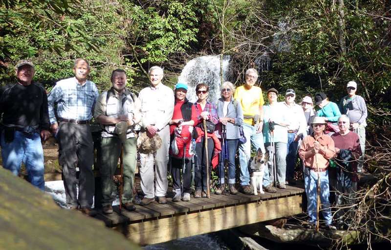 The OFHC gang for today's hike (l-r) Tony Presley, Mike Beill, Bob Magee, Dick Metzgar, Renee Corbett, Jenny Bell, Jenna Hensley, Dave Norton & "Clover", Mary Lu Norton, Vic Robson, Pam Euliss, Joe Collins, Greta Driggers, Tim Hale and Jim Driggers.