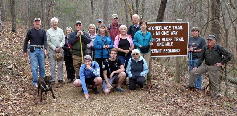 The OFHC gang for today's hike (l-r front) Alex Purcell, Christopher Collier and Pam Euliss. (l-r back) Tony Presley & "Coco", Dick Metzgar, Terre Pratt, Ray Clark, Angela Evans, Ray Lovett, Renee Corbett, Tim Hale, Jeanne O'Connor, Mike Beill, Jenny Bell, Kim Johnson and Vic Robson.