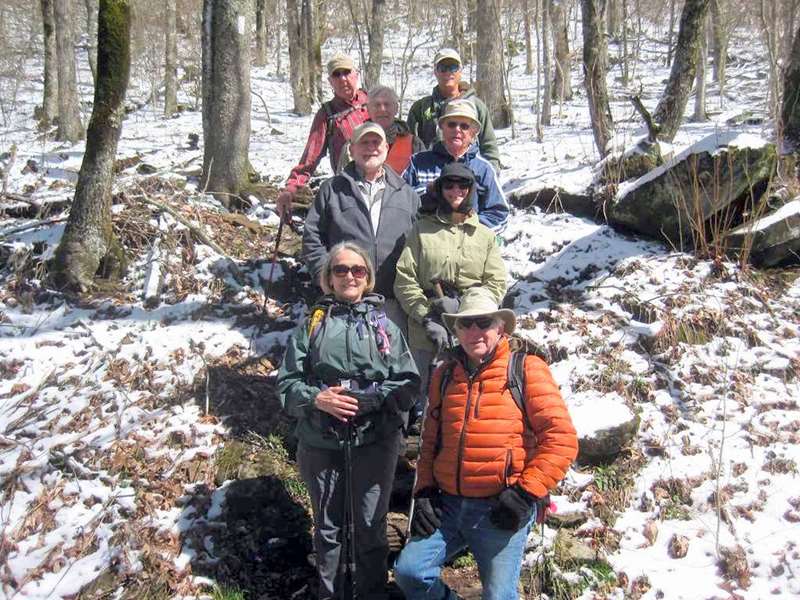 The OFHC gang for today's hike (top to bottom) Tim Hale, Dick Metzgar, Jim Driggers, Bob Magee, Joe Collins, Greta Driggers, Terre Pratt and Vic Robson.