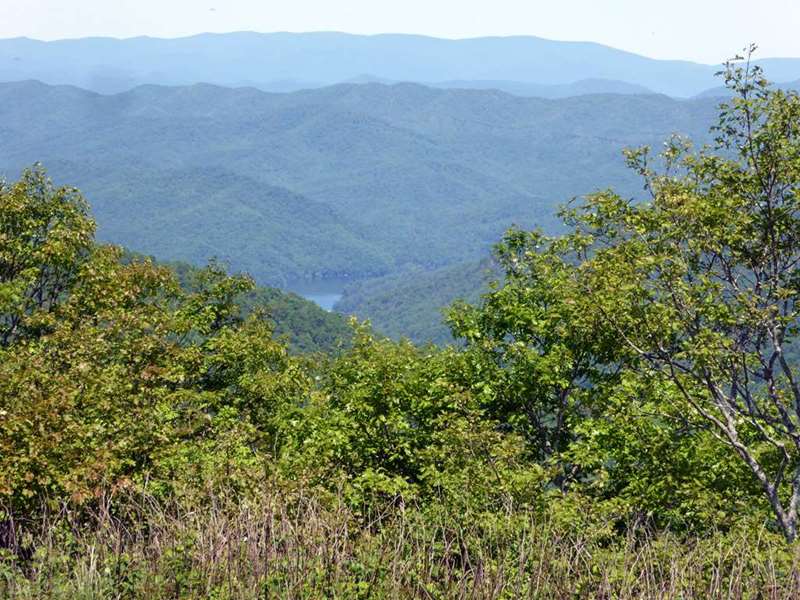 Looking deep into the valley, we see Lake Nantahala.