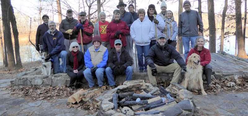 The OFHC gang for today's hike (l-r Front) Pam Euliss, Joe Collins, Vic Robson, Jack Wintle and "Tate" and Carole Wintle. (L-R back) Mary Lu Norton, Dave Norton and "Clover", Bob Magee, Jeanne O'Connor, Bruce O'Connor, Renee Corbett, Tim Hale, Mike Bell, Ann Clark, Ray Clark, Dick Metzgar, Terre Pratt and Tony Presley.