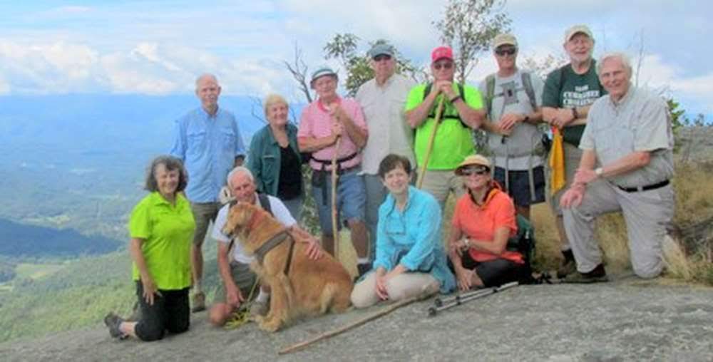 The OFHC gang for today's hike. (l-r front) Renee Corbett, Mike Jones with "Barney", Jenny Bell, Greta Driggers and Dick Metzgar . (l-r stading) Mike Bell, Jeanne O'Connor, Joe Collins, Tim Hale, Ray Clark, Jim Driggers and Bob Magee.