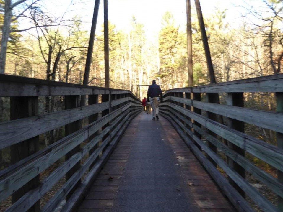 Crossing the suspension bridge over the Tallulah River.