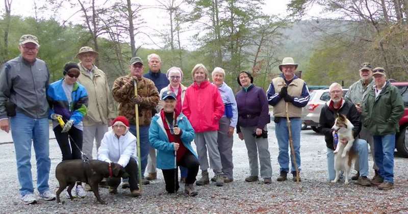 The OFHC gang for today's hike (l-r) Tony Presley, Donna Presley &"Coco", Dick Metzgar, Pam Euliss, Ray Clark, Mike Bell, Renee Corbett, Paulette Williams, Angela Evans, Jeanne O'Connor, Mary Lu Norton, Joe Collins, Dave Norton & "Clover", Bob Magee and Vic Robson.