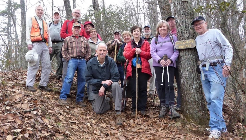 The OFHC gang for today's hike. (l-r) Dick Metzgar, Bob Magee, Dave Norton, Vic Robson, Joe Collins, Mary Lu Norton, Mike Bell, Ray Clark, Jeanne O'Connor, Jenny Bell, Ray Lovett, Angela Evans, Tim Hale and Tony Presley .