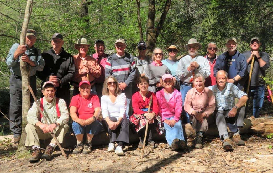 The OFHC gang for today's hike. (l-r front) Bruce O'Connor, Jeanne O'Connor, Jo Drake, Jenny Bell, Beth McDonald, Andrea Evans, Mike Bell. (l-r standing) Vic Robson, Bob Drake, Joe Collins, Tim Hale, Tony Presley, Jim Driggers, Terre Pratt, Greta Driggers, Gary King, Brian Ford, Bob Magee and Ray Clark.