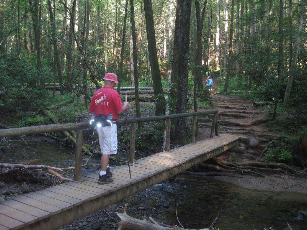 Crossing the footbridge over Dodd Creek!