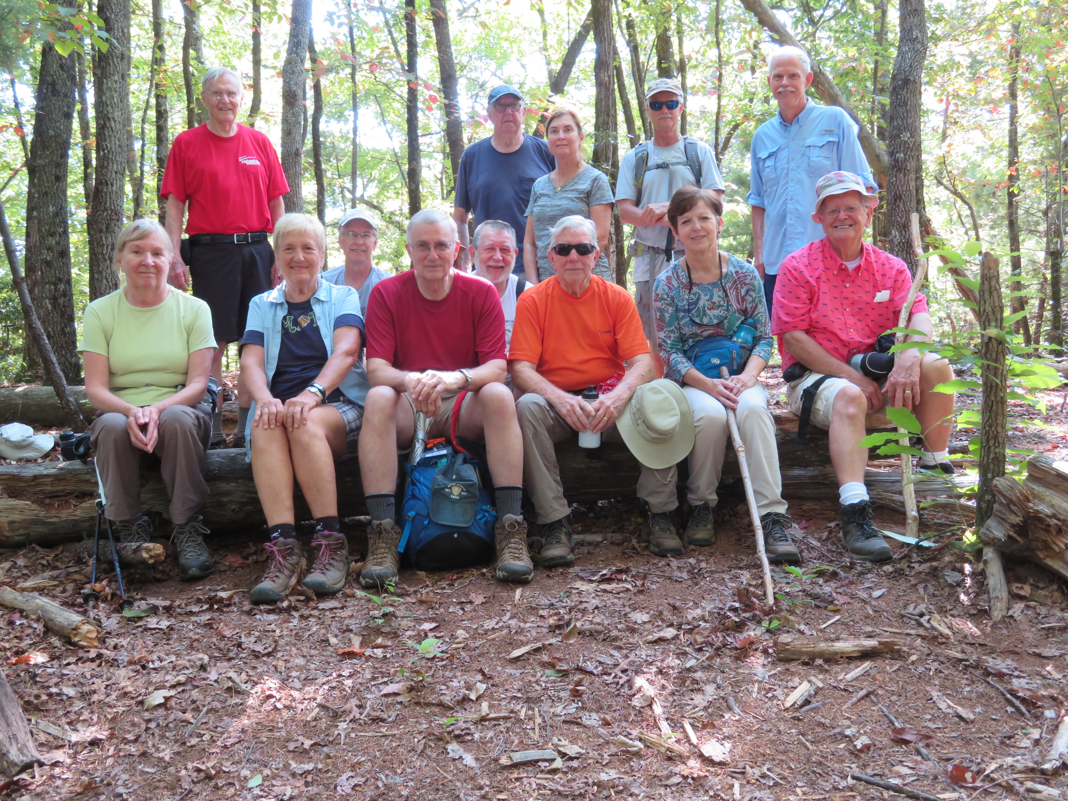 The OFHC gang for today's hike. (l-r) Back: Dick Metzgar, Edwin Pruitt, Bob Magee, Tim Hale, Greta Driggers, Jim Driggers, Mike Bell; Front: Angela Evans, Jeanne O'Connor, Ray Lovett, Vic Robson, Jenny Bell, Joe Collins.