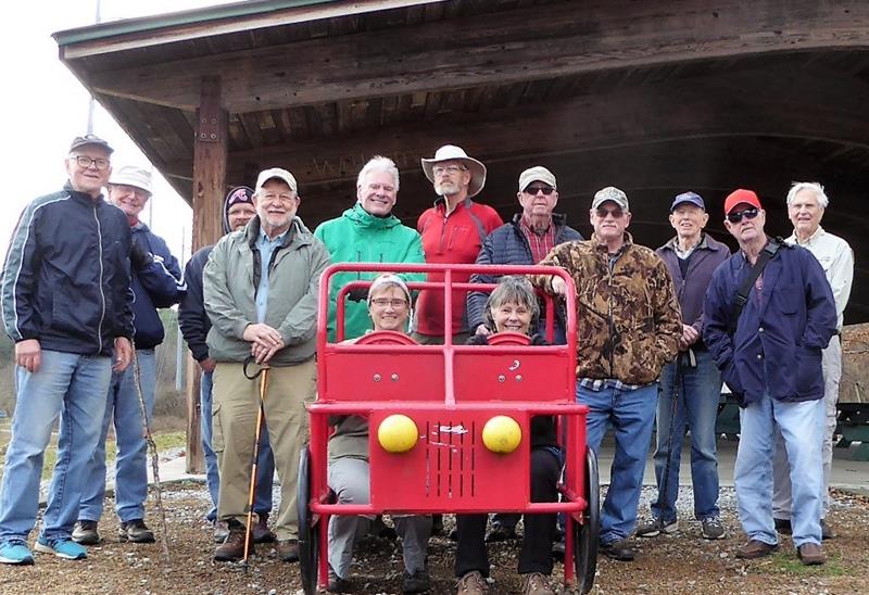 The OFHC gang for today's hike. (l-r in car) Mary Lu Norton and Renee Corbett. (l-r standing) Tony Presley, Joe Collins, Todd Collins, Bob Magee, Bob Drake, Dave Norton, Tim Hale, Ray Clark, Phil Brownrigg, Mike McDonald and Dick Metzgar.